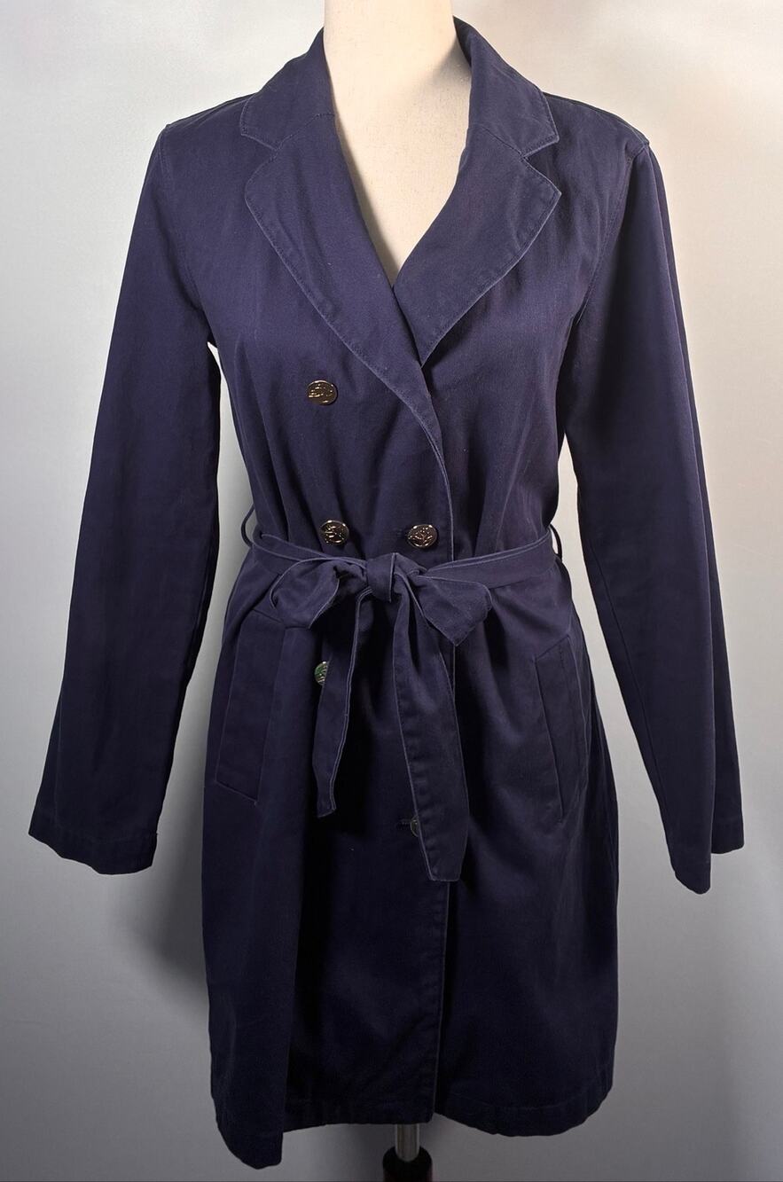 Draper James Navy Trench Coat Women's Small Magnolia Buttons Tie Belt